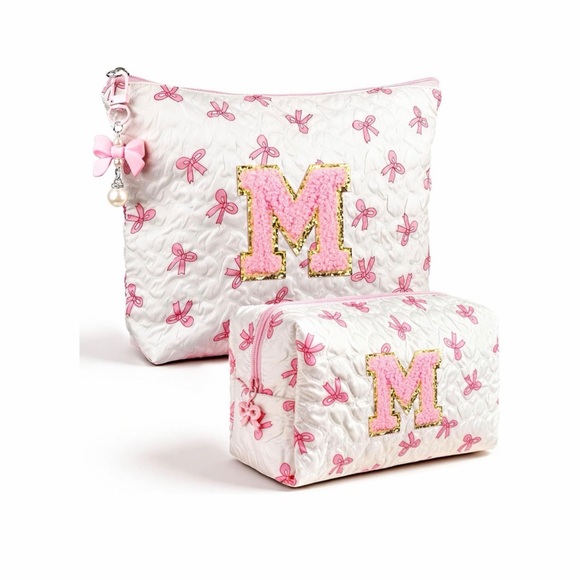 Personalized Bow Print Makeup Bag Set | Initial Cosmetic Pouches (2-Pack) - Picture 4 of 4